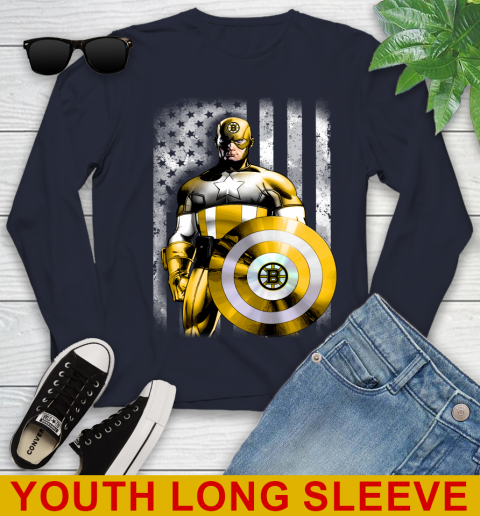 Boston Bruins NHL Hockey Captain America Marvel Avengers American Flag Shirt Youth Long Sleeve 2