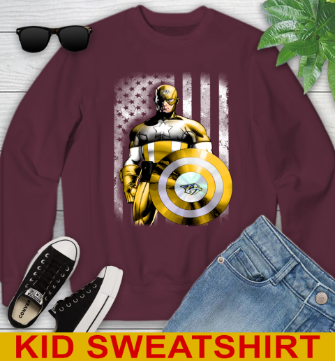 Nashville Predators NHL Hockey Captain America Marvel Avengers American Flag Shirt Youth Sweatshirt - Image 5