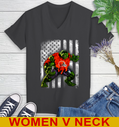 Cleveland Browns Hulk Marvel Avengers NFL Football American Flag Women's V-Neck T-Shirt 8