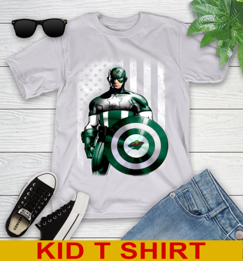 Minnesota Wild NHL Hockey Captain America Marvel Avengers American Flag Shirt Youth T-Shirt - Image 5