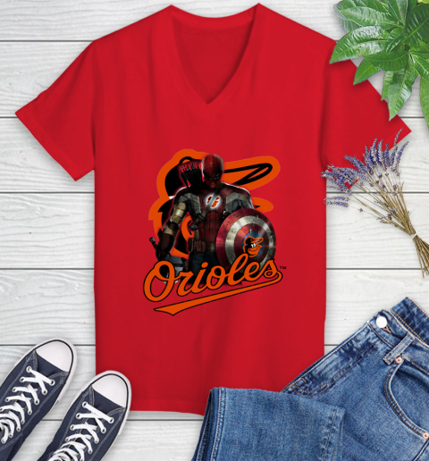 MLB Captain America Thor Spider Man Hawkeye Avengers Endgame Baseball Baltimore Orioles Women's V-Neck T-Shirt 12