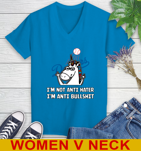 Los Angeles Dodgers MLB Baseball Unicorn I'm Not Anti Hater I'm Anti Bullshit Women's V-Neck T-Shirt 8