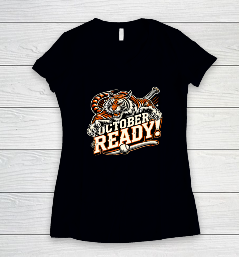October Ready Baseball Tiger Fan Women's V-Neck T-Shirt