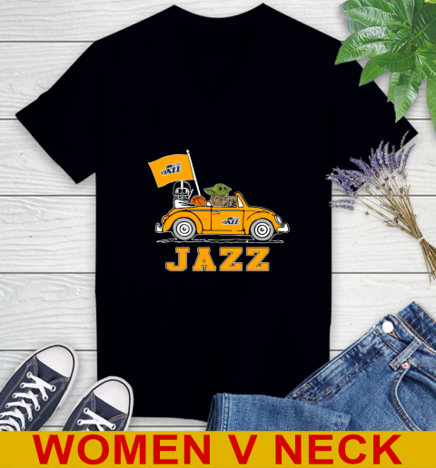 NBA Basketball Utah Jazz Darth Vader Baby Yoda Driving Star Wars Shirt Women's V-Neck T-Shirt 2