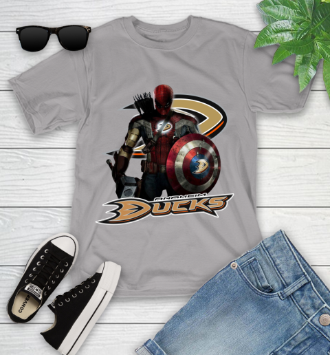 NHL Captain America Thor Spider Man Hawkeye Avengers Endgame Hockey Anaheim Ducks Youth T-Shirt 4