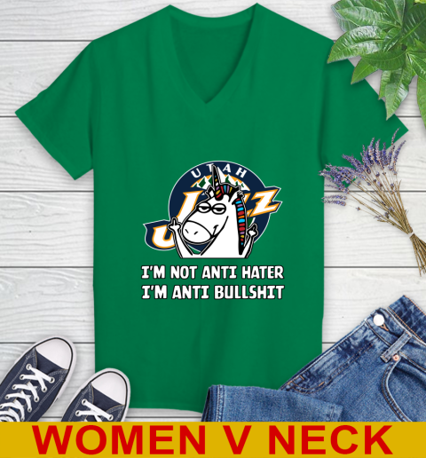 Utah Jazz NBA Basketball Unicorn I'm Not Anti Hater I'm Anti Bullshit Women's V-Neck T-Shirt 6