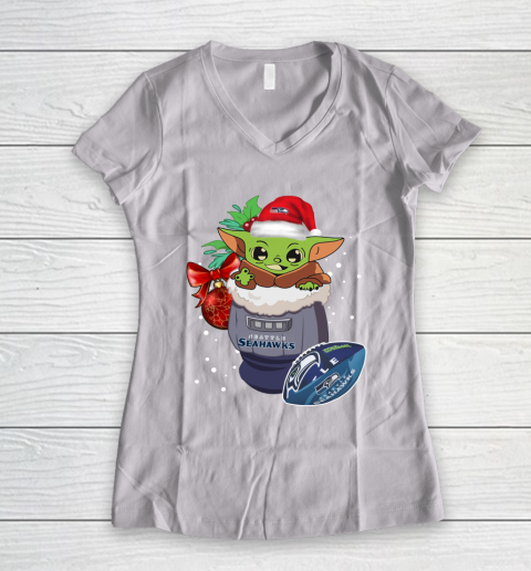 Seattle Seahawks Christmas Baby Yoda Star Wars Funny Happy NFL Women's V-Neck T-Shirt 2