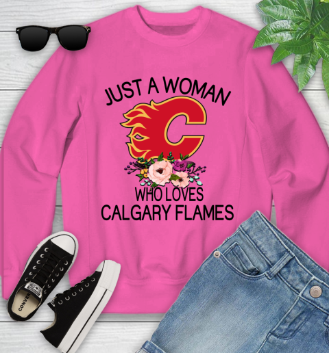 NHL Just A Woman Who Loves Calgary Flames Hockey Sports Youth Sweatshirt 3