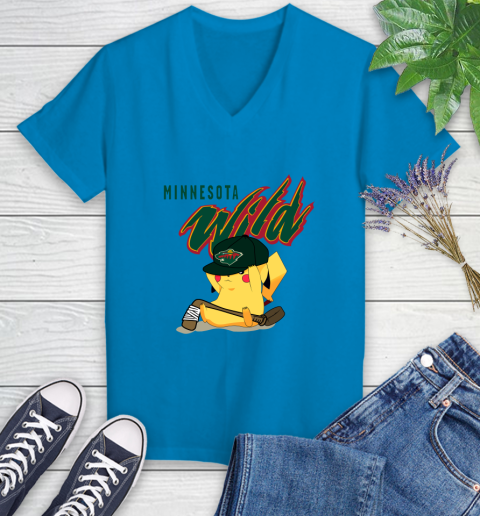 NHL Pikachu Hockey Sports Minnesota Wild Women's V-Neck T-Shirt 7