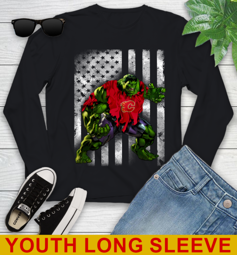 Calgary Flames Hulk Marvel Avengers NHL Hockey American Flag Youth Long Sleeve