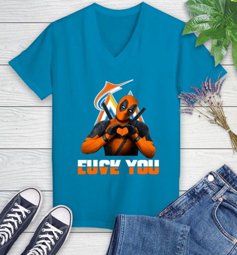 MLB Miami Marlins Deadpool Love You Fuck You Baseball Sports Women's V-Neck T-Shirt 7