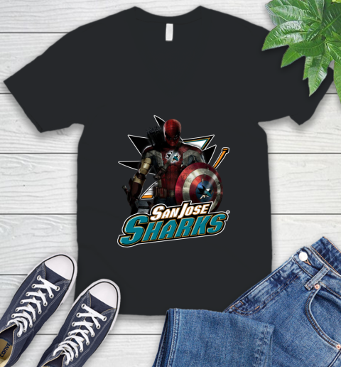NHL Captain America Thor Spider Man Hawkeye Avengers Endgame Hockey San Jose Sharks V-Neck T-Shirt 2