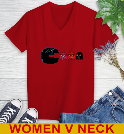 Carolina Panthers NFL Football Pac Man Champion Women's V-Neck T-Shirt 12