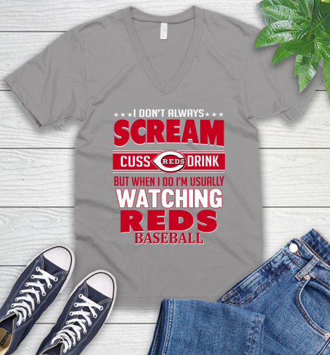 Cincinnati Reds MLB I Scream Cuss Drink When I'm Watching My Team V-Neck T-Shirt 3