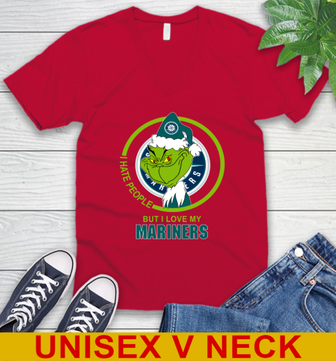 Seattle Mariners MLB Christmas Grinch I Hate People But I Love My Favorite Baseball Team V-Neck T-Shirt 7