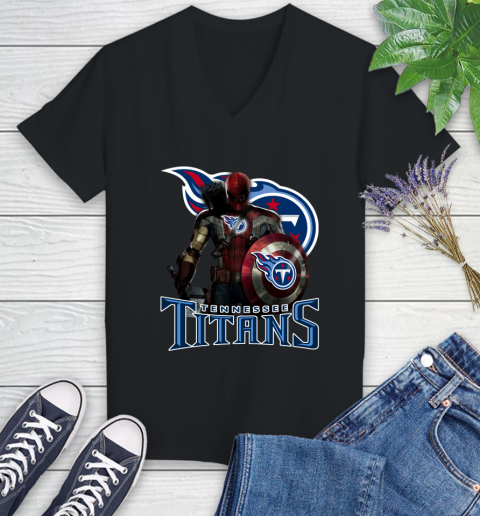 NFL Captain America Thor Spider Man Hawkeye Avengers Endgame Football Tennessee Titans Women's V-Neck T-Shirt 2