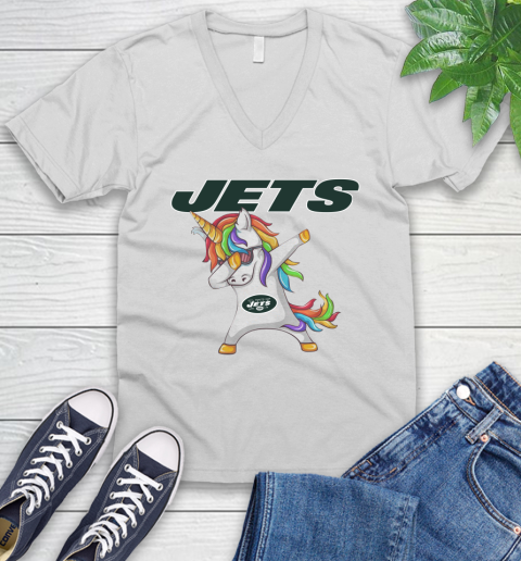 New York Jets NFL Football Funny Unicorn Dabbing Sports V-Neck T-Shirt