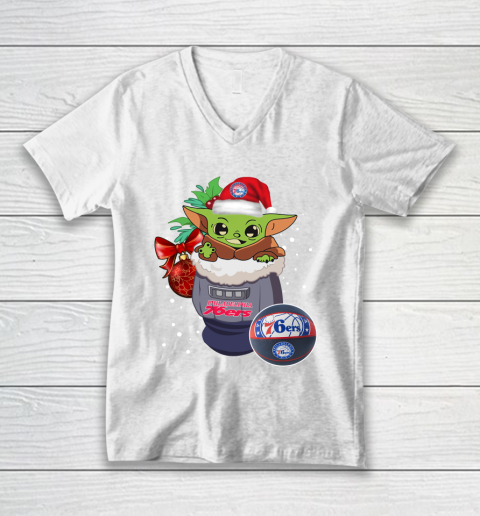 Philadelphia 76ers Christmas Baby Yoda Star Wars Funny Happy NBA V-Neck T-Shirt 2