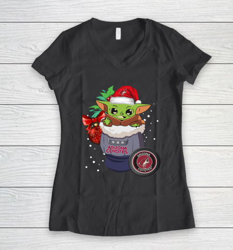 Arizona Coyotes Christmas Baby Yoda Star Wars Funny Happy NHL Women's V-Neck T-Shirt 8