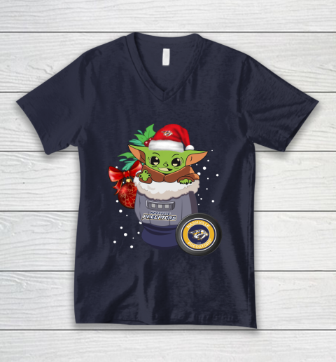 Nashville Predators Christmas Baby Yoda Star Wars Funny Happy NHL V-Neck T-Shirt 3