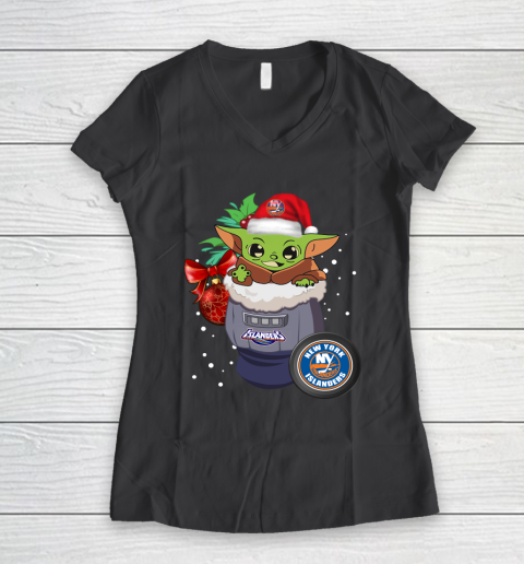 New York Islanders Christmas Baby Yoda Star Wars Funny Happy NHL Women's V-Neck T-Shirt 8
