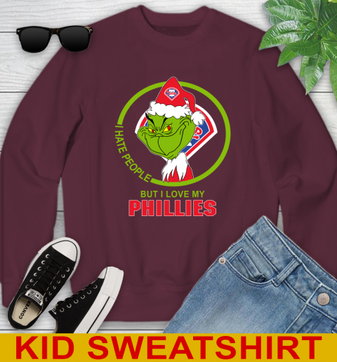 Philadelphia Phillies MLB Christmas Grinch I Hate People But I Love My Favorite Baseball Team Youth Sweatshirt 5