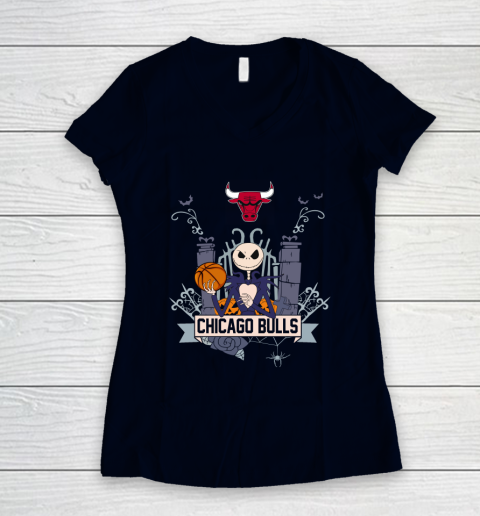 NBA Chicago Bulls Basketball Jack Skellington Halloween Women's V-Neck T-Shirt 2