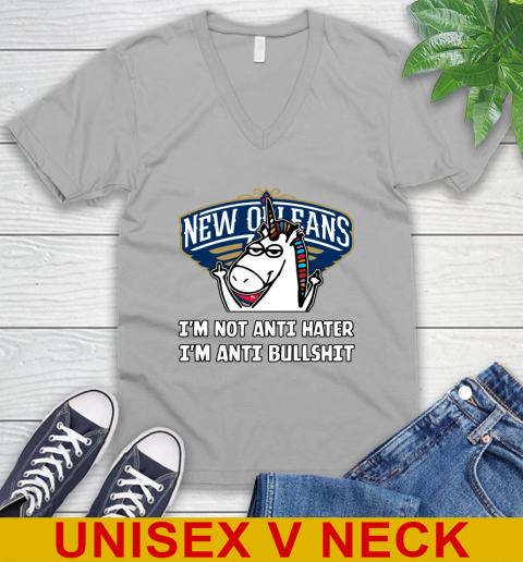 New Orleans Pelicans NBA Basketball Unicorn I'm Not Anti Hater I'm Anti Bullshit V-Neck T-Shirt 4