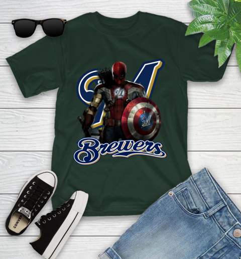 MLB Captain America Thor Spider Man Hawkeye Avengers Endgame Baseball Milwaukee Brewers Youth T-Shirt 5