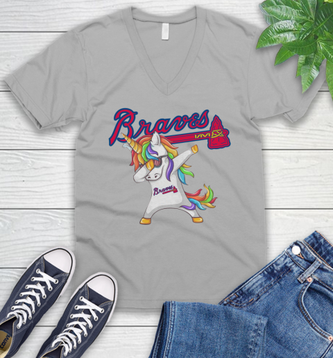 Atlanta Braves MLB Baseball Funny Unicorn Dabbing Sports V-Neck T-Shirt 4