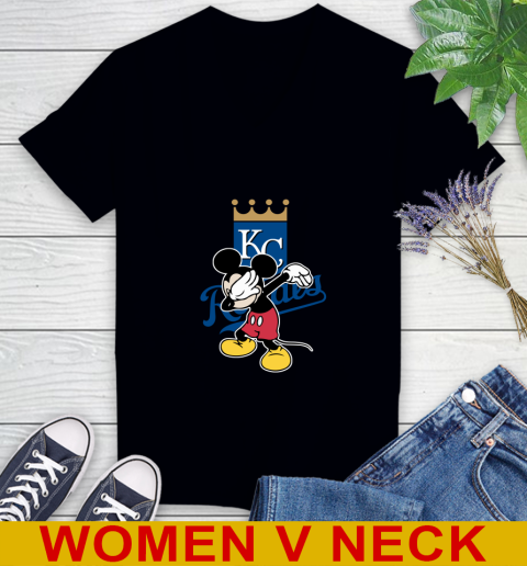 Kansas City Royals MLB Baseball Dabbing Mickey Disney Sports Women's V-Neck T-Shirt 2