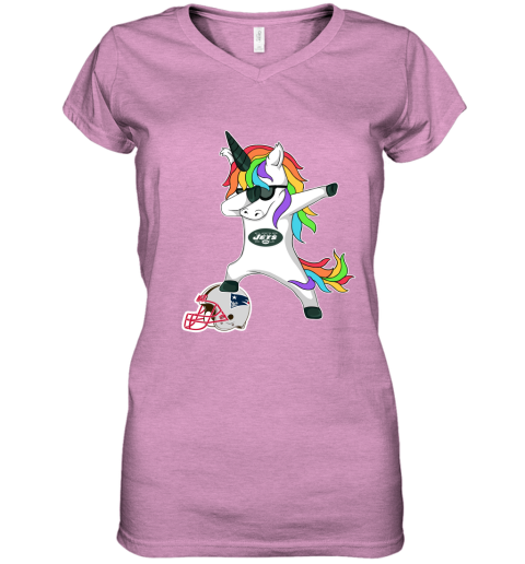 Football Dabbing Unicorn Steps On Helmet New York Jets Women's V-Neck T-Shirt
