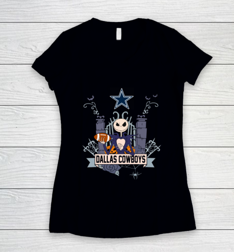 NFL Dallas Cowboys Football Jack Skellington Halloween Women's V-Neck T-Shirt