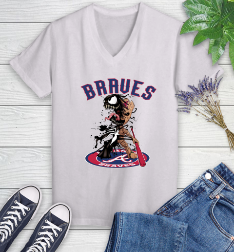 MLB Atlanta Braves Baseball Venom Groot Guardians Of The Galaxy Women's V-Neck T-Shirt