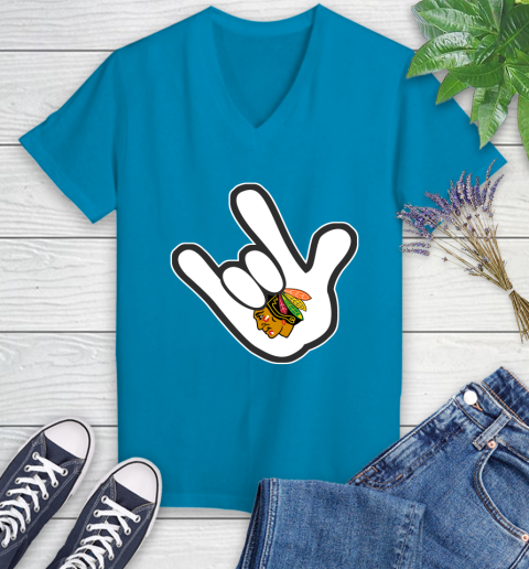 Chicago Blackhawks NHL Hockey Mickey Rock Hand Disney Women's V-Neck T-Shirt 7