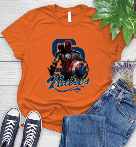 MLB Captain America Thor Spider Man Hawkeye Avengers Endgame Baseball San Diego Padres Women's T-Shirt 4