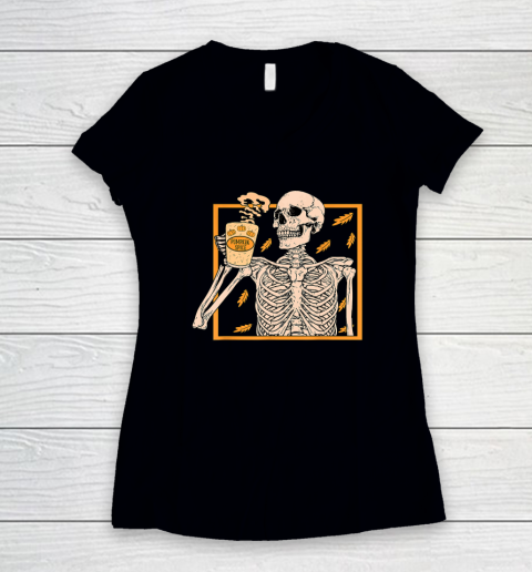 Halloween Skeleton Pumpkin Spice Latte Syrup Creamer Vintage Women's V-Neck T-Shirt