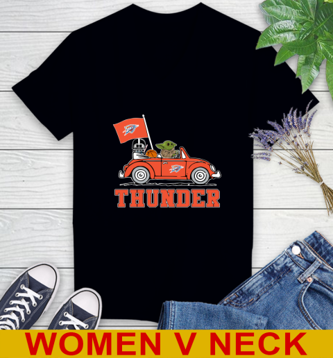 NBA Basketball Oklahoma City Thunder Darth Vader Baby Yoda Driving Star Wars Shirt Women's V-Neck T-Shirt 2