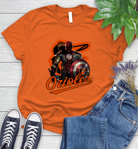 MLB Captain America Thor Spider Man Hawkeye Avengers Endgame Baseball Baltimore Orioles Women's T-Shirt 4