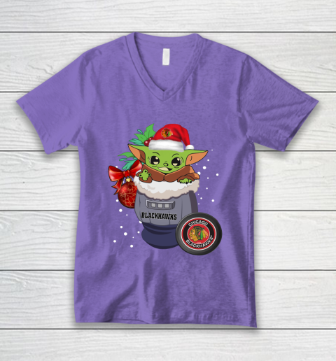 Chicago Blackhawks Christmas Baby Yoda Star Wars Funny Happy NHL V-Neck T-Shirt 9