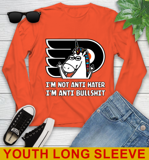 Philadelphia Flyers NHL Hockey Unicorn I'm Not Anti Hater I'm Anti Bullshit Youth Long Sleeve 4