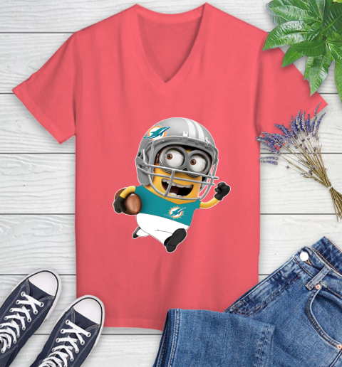 NFL Miami Dolphins Minions Disney Football Sports Women's V-Neck T-Shirt 6