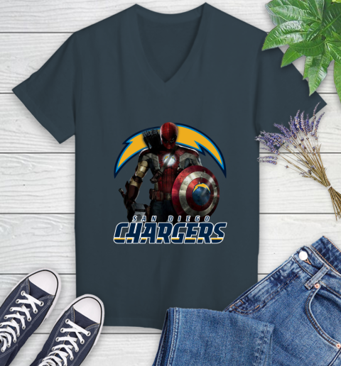NFL Captain America Thor Spider Man Hawkeye Avengers Endgame Football San Diego Chargers Women's V-Neck T-Shirt 8