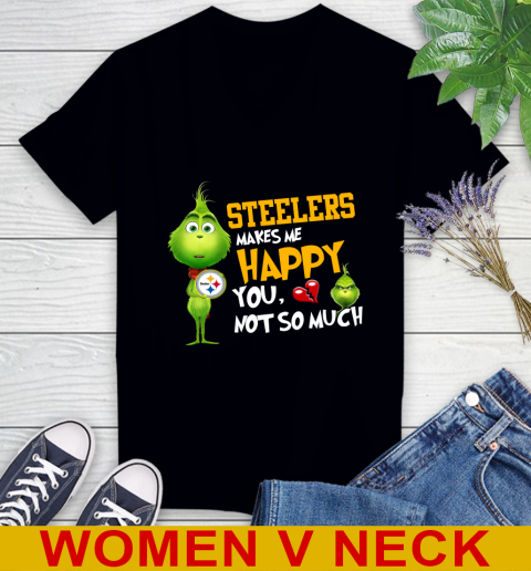 NFL Pittsburgh Steelers Makes Me Happy You Not So Much Grinch Football Sports Women's V-Neck T-Shirt