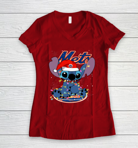 New York Mets MLB noel stitch Baseball Christmas Women's V-Neck T-Shirt 6