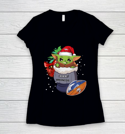 Denver Broncos Christmas Baby Yoda Star Wars Funny Happy NFL Women's V-Neck T-Shirt