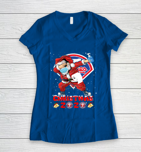 Philadelphia Phillies Funny Santa Claus Dabbing Christmas 2020 MLB Women's V-Neck T-Shirt 7