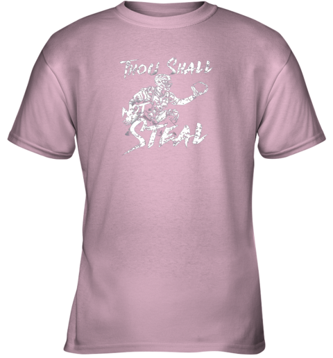 pg5v thou shall not steal baseball catcher youth t shirt 26 front light pink