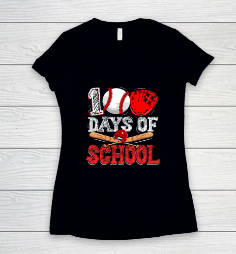 100 Days Of School Baseball 100th Day Women's V-Neck T-Shirt