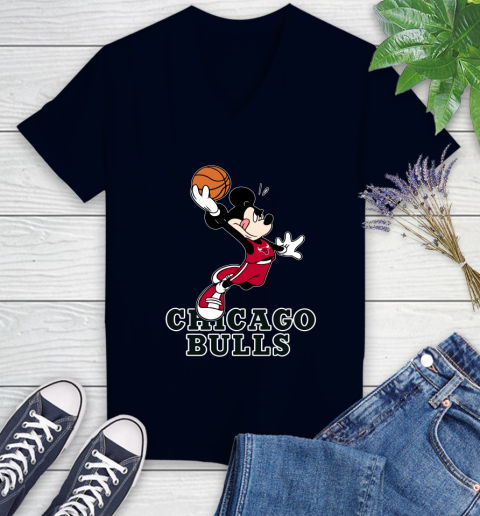 NBA Basketball Chicago Bulls Cheerful Mickey Mouse Shirt Women's V-Neck T-Shirt 3
